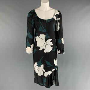 Marni Black Dress with Teal and White Floral Print, Long Sleeve